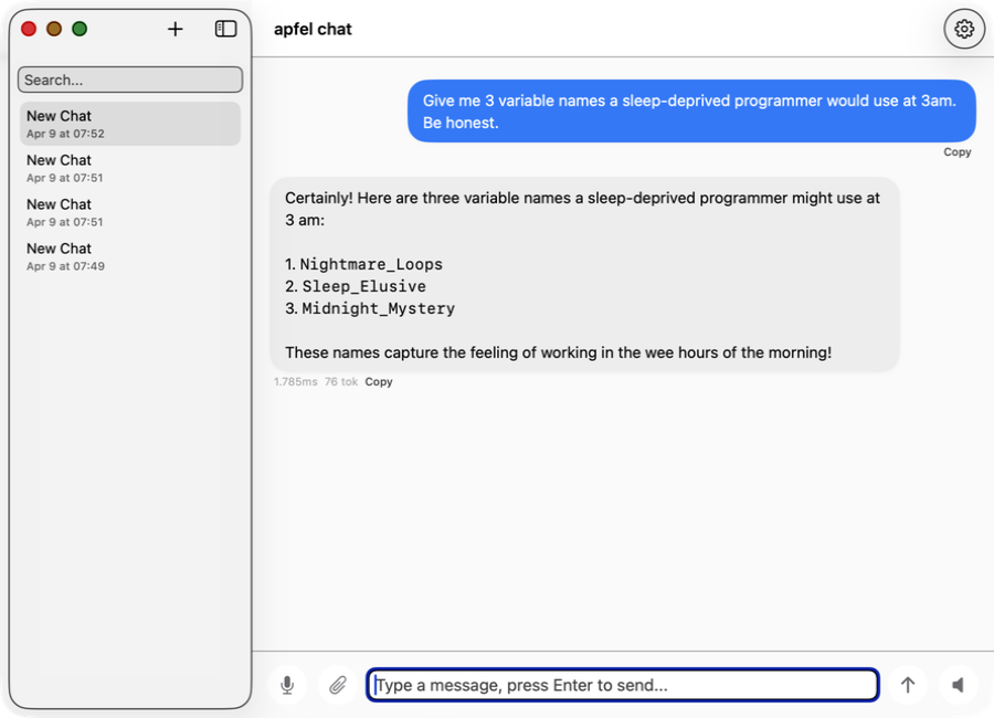 apfel-chat showing variable name suggestions
